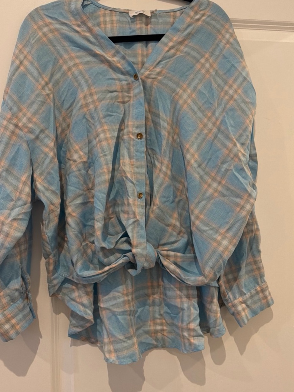 Bluivy Light Blue Plaid Tie-Front Button-Down Jacket